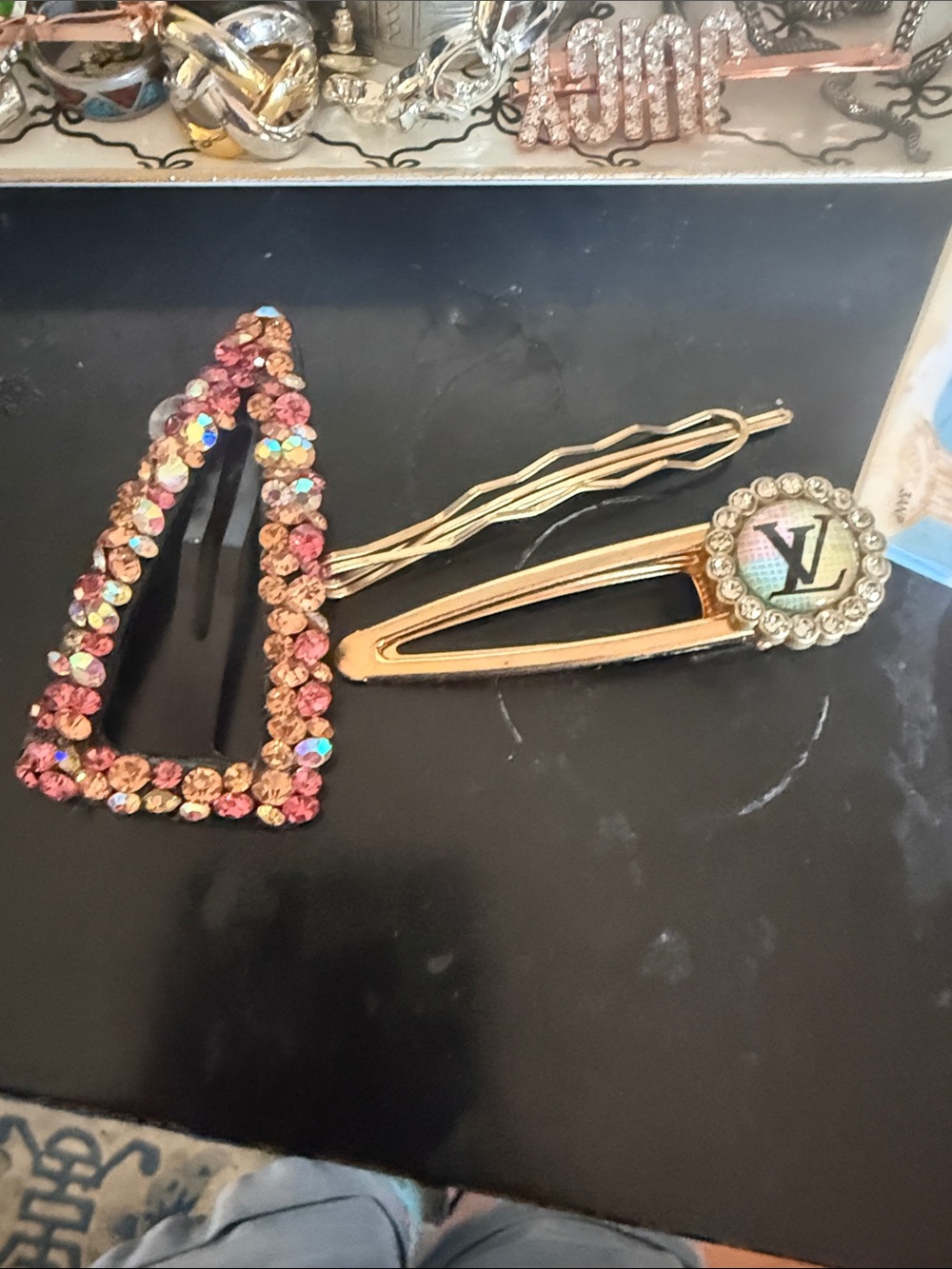 Gold-Tone Hair Clip Set with Pink Crystal Triangle and Branded Accent